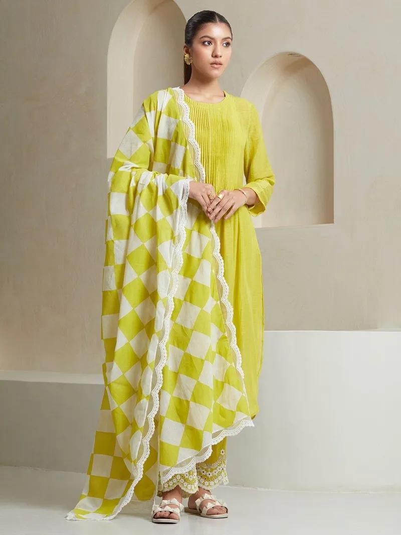 Lemon Pintex Work Kurta With Heavy Embroidered Pants & Malmal Dupatta Set