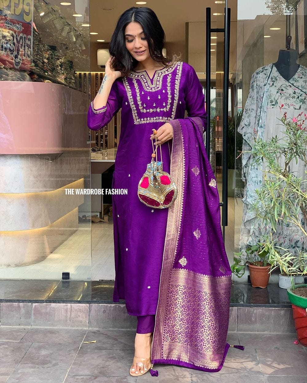 Purple Embroidered Roman Silk Suit Set with Banarasi Dupatta