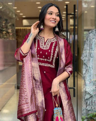 Maroon Embroidered Roman Silk Suit Set with Banarasi Dupatta