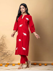 Red Cotton Elephant Embroidery Kurta Set