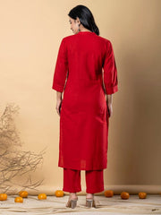 Red Cotton Elephant Embroidery Kurta Set