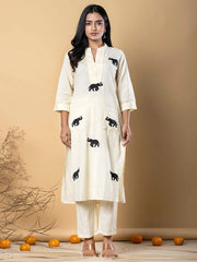 White Cotton Elephant Embroidery Kurta Set