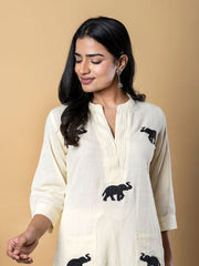 White Cotton Elephant Embroidery Kurta Set