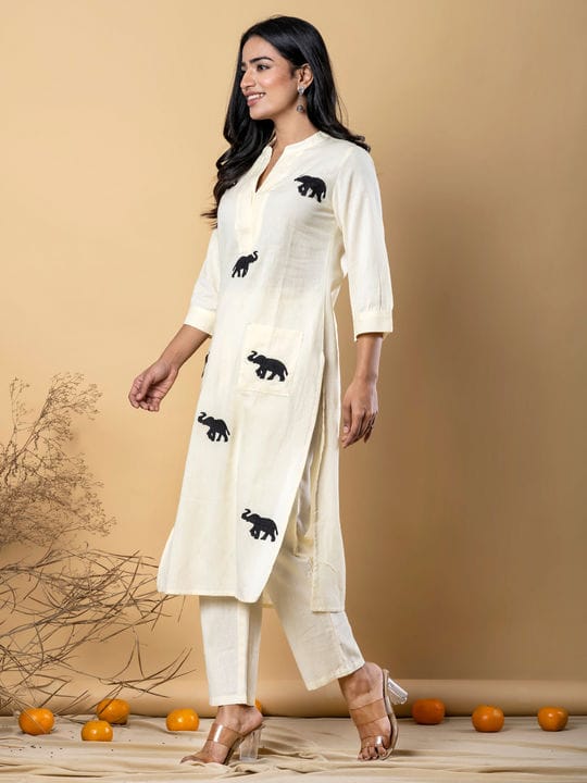 White Cotton Elephant Embroidery Kurta Set