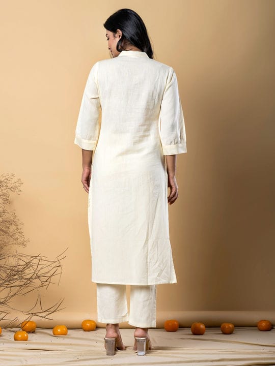 White Cotton Elephant Embroidery Kurta Set