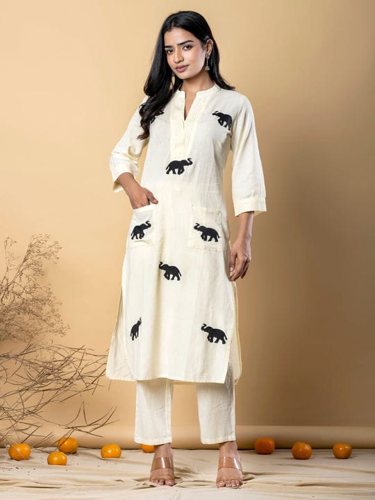 White Cotton Elephant Embroidery Kurta Set