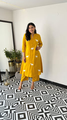 Yellow Cotton Elephant Embroidery Kurta Set