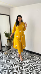 Yellow Cotton Elephant Embroidery Kurta Set