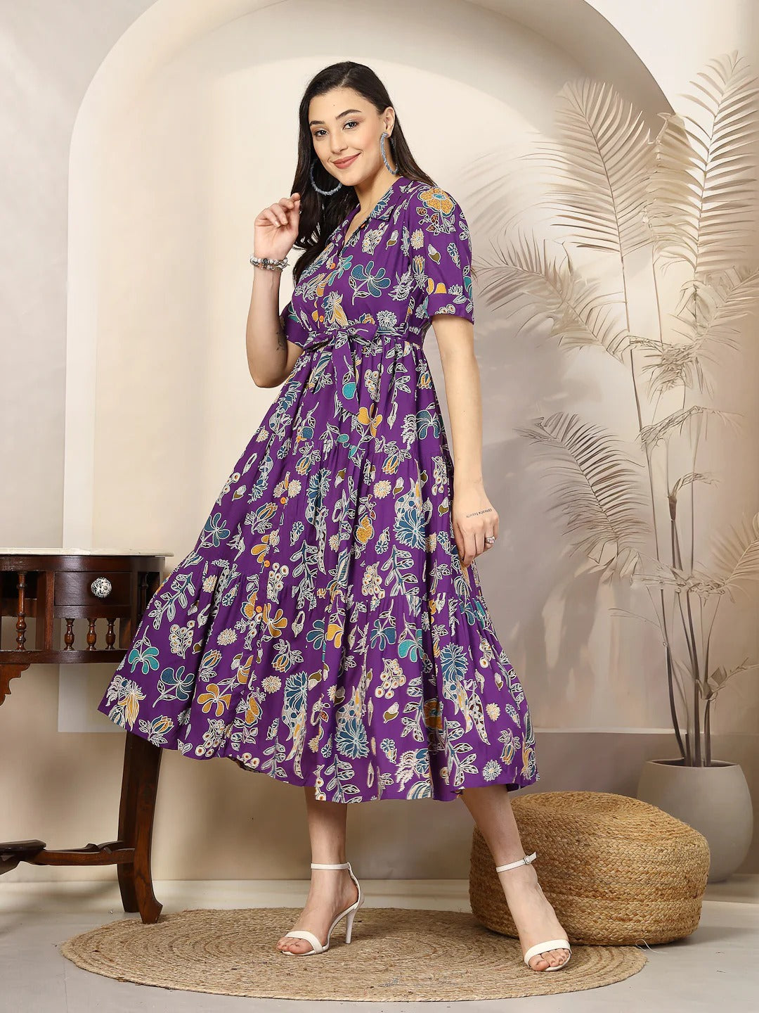 Purple Viscose Rayon Colorful Floral Print Midi Dress