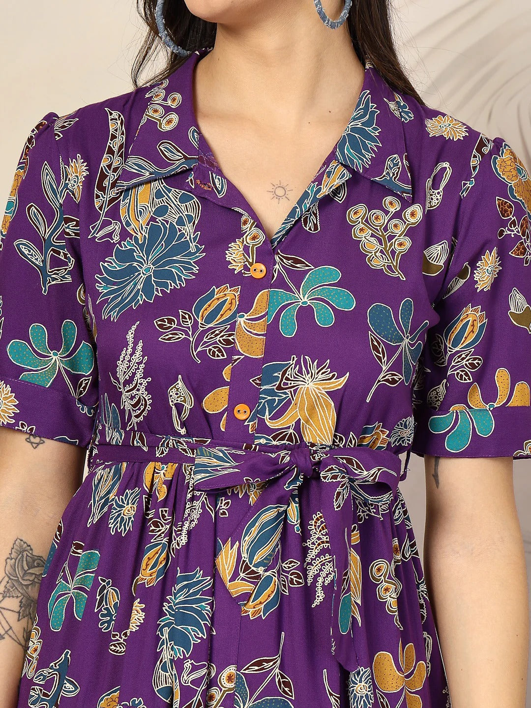 Purple Viscose Rayon Colorful Floral Print Midi Dress