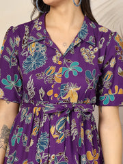 Purple Viscose Rayon Colorful Floral Print Midi Dress