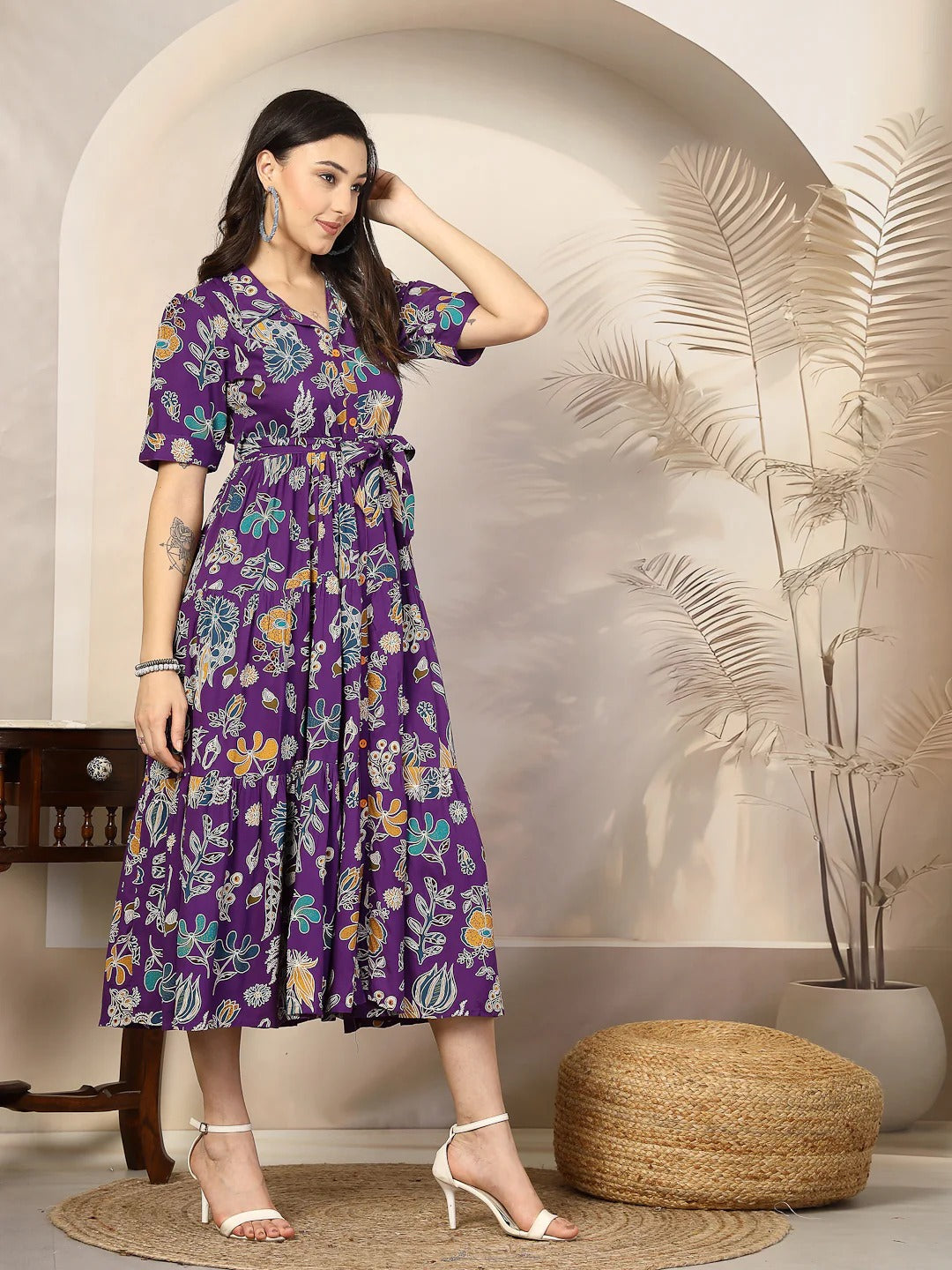 Purple Viscose Rayon Colorful Floral Print Midi Dress