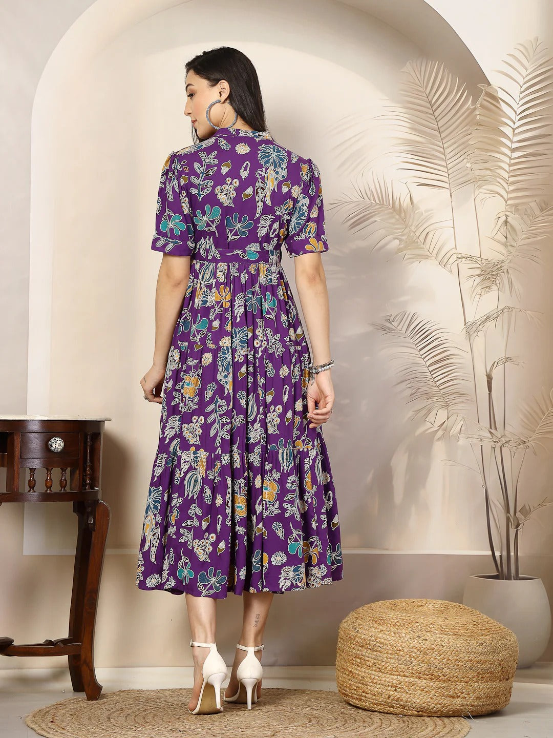 Purple Viscose Rayon Colorful Floral Print Midi Dress