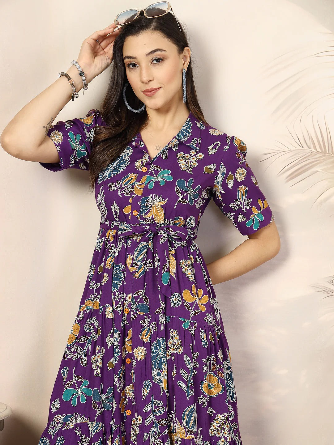 Purple Viscose Rayon Colorful Floral Print Midi Dress