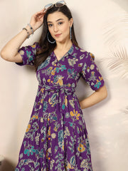 Purple Viscose Rayon Colorful Floral Print Midi Dress