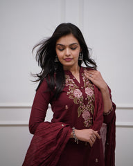 Wine Embroidered Cotton Suit Set with Dupatta