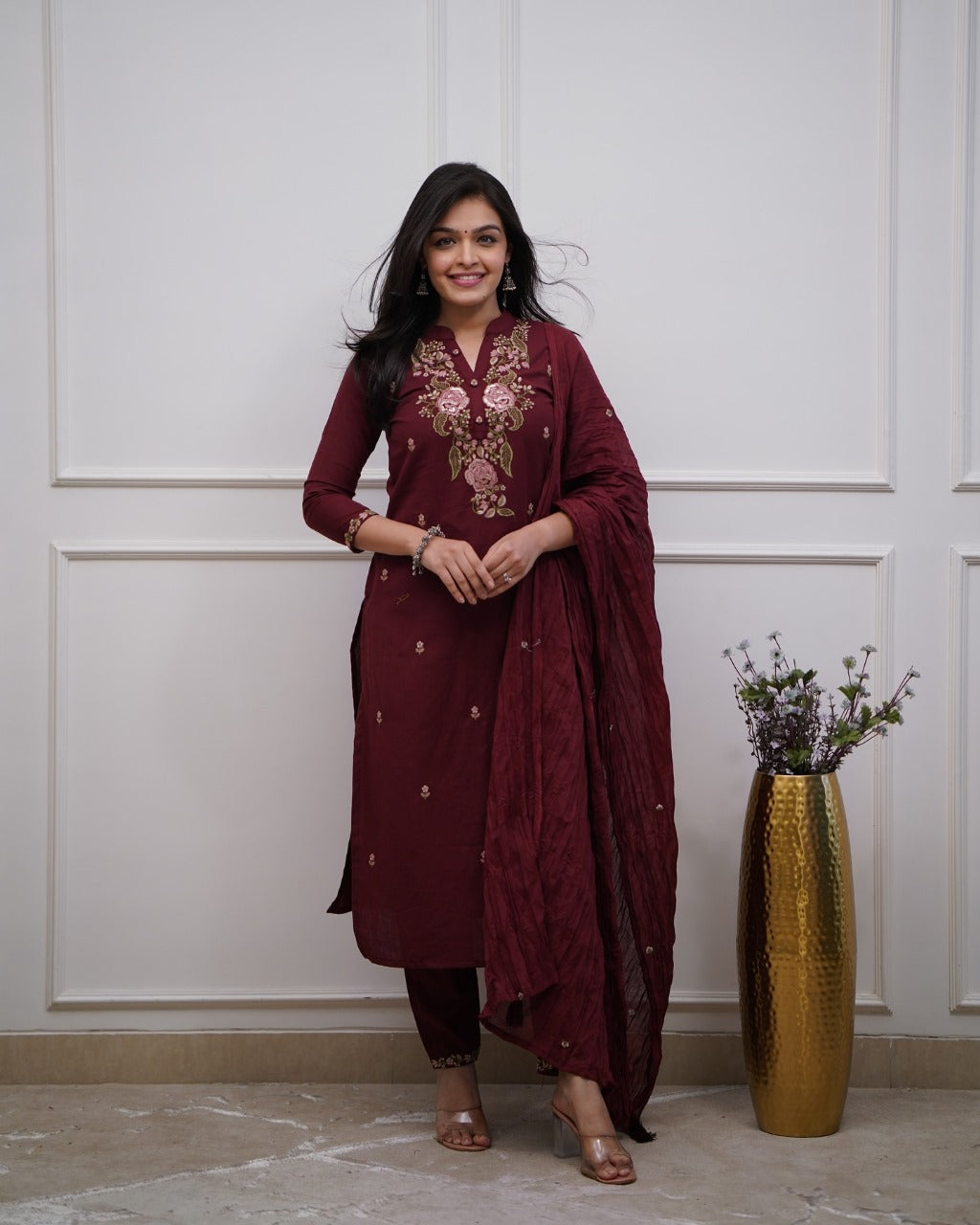 Wine Embroidered Cotton Suit Set with Dupatta