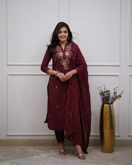 Wine Embroidered Cotton Suit Set with Dupatta