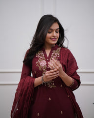 Wine Embroidered Cotton Suit Set with Dupatta