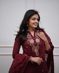 Wine Embroidered Cotton Suit Set with Dupatta