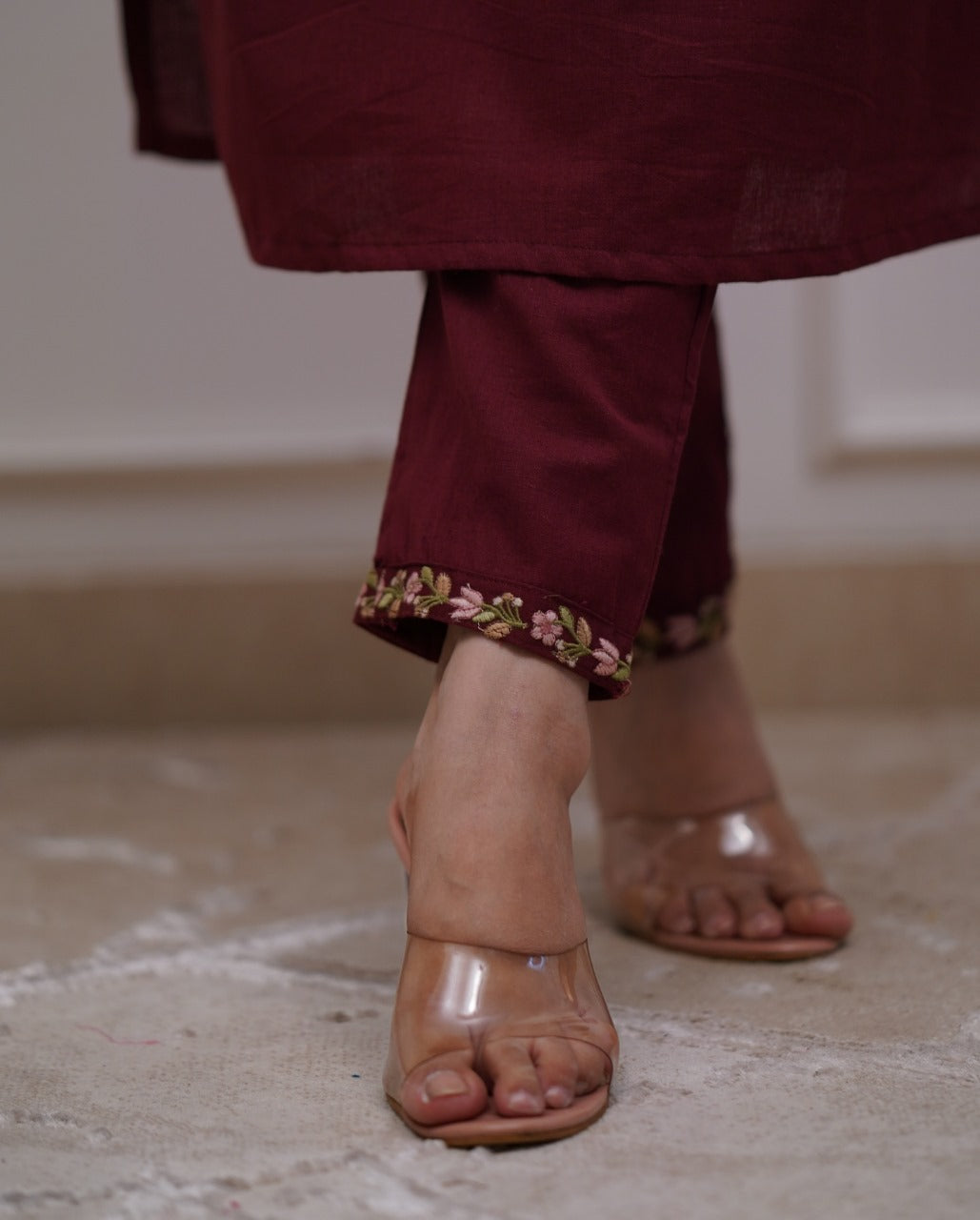 Wine Embroidered Cotton Suit Set with Dupatta
