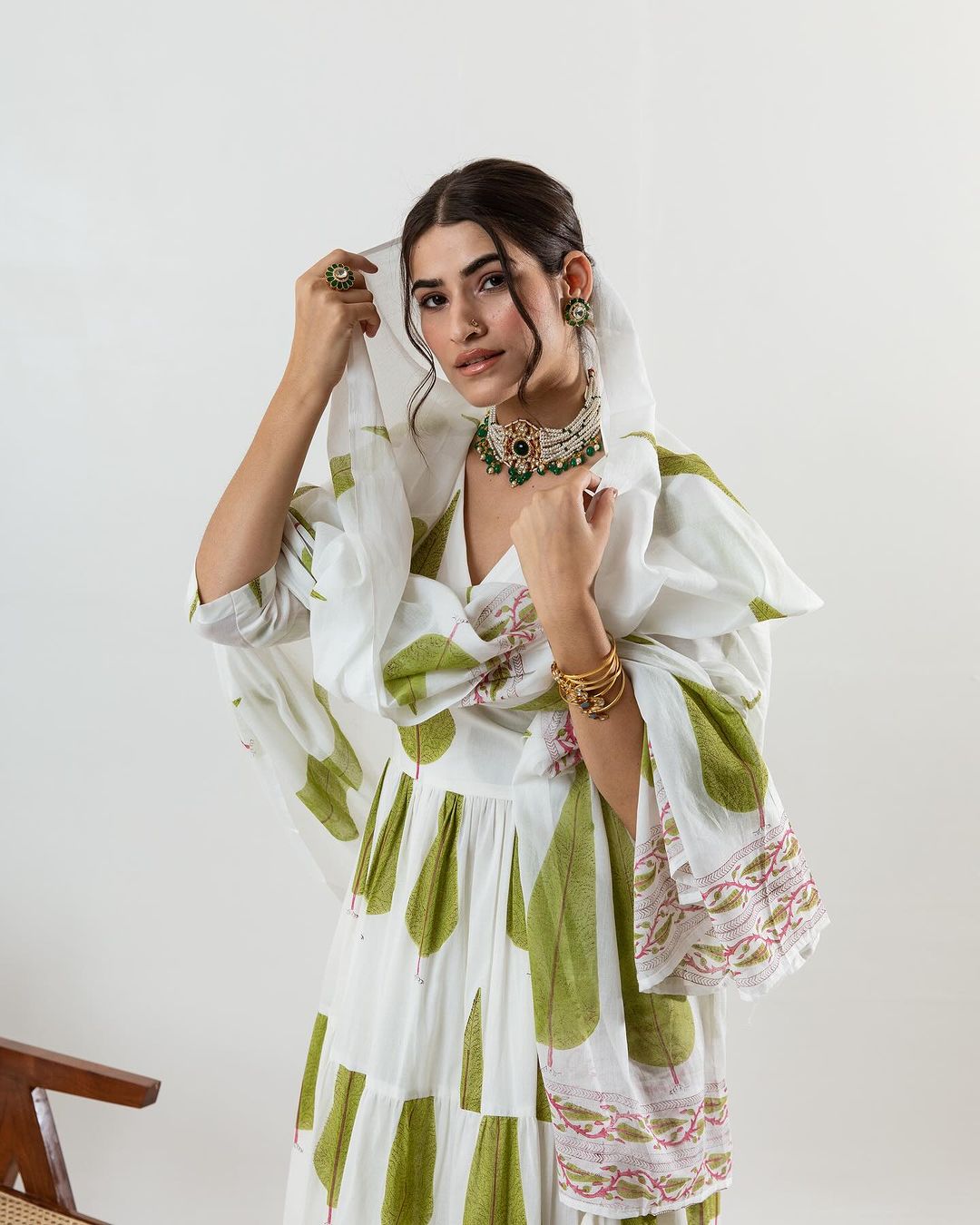 Green Print Cotton Angrakha Style Dupatta Set