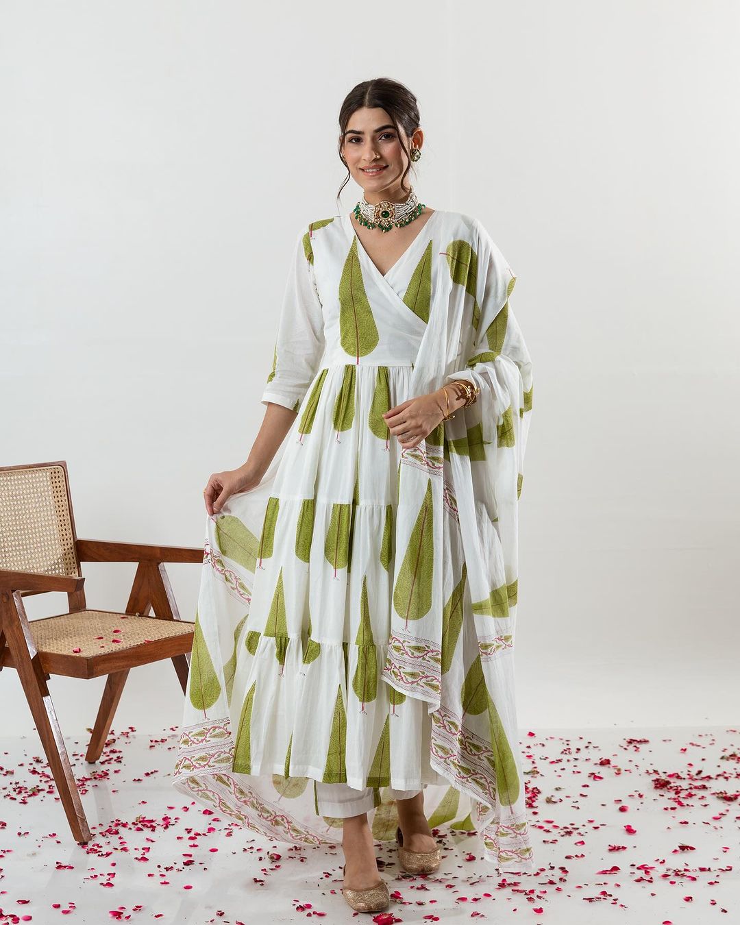 Green Print Cotton Angrakha Style Dupatta Set