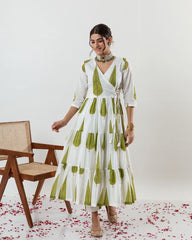 Green Print Cotton Angrakha Style Dupatta Set