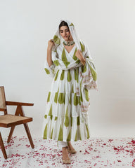 Green Print Cotton Angrakha Style Dupatta Set