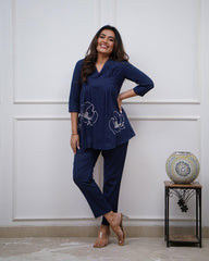 Navy Blue Floral Embrodery Pleated Kurta Set