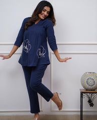 Navy Blue Floral Embrodery Pleated Kurta Set