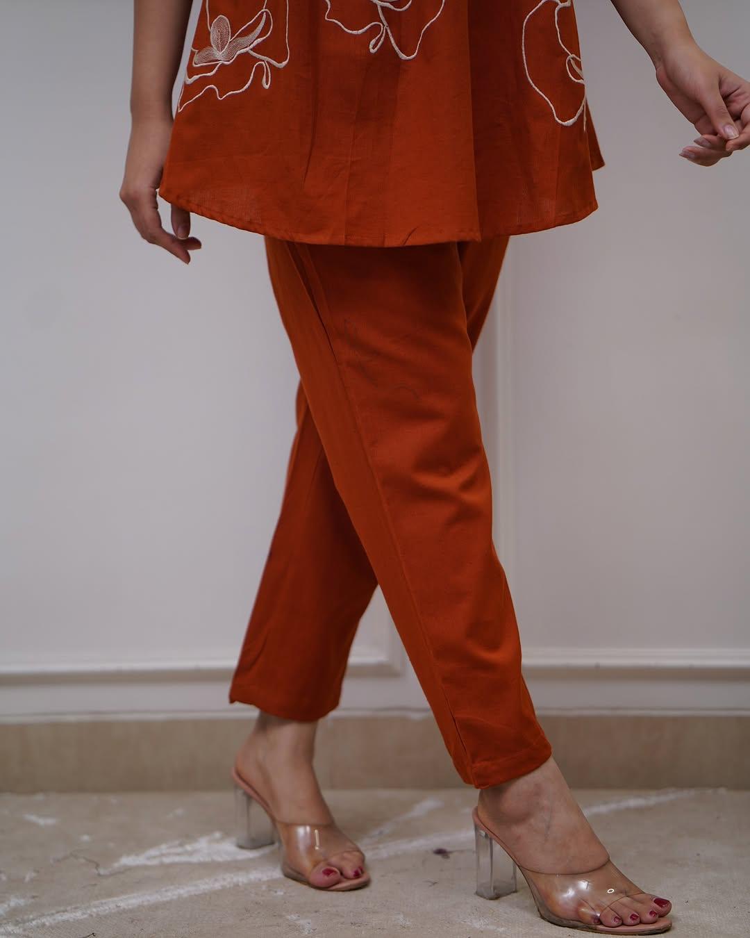 Rust Orange Floral Embrodery Pleated Kurta Set