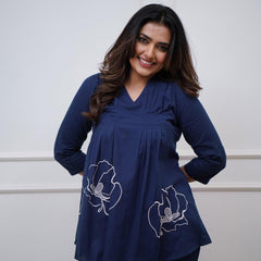 Navy Blue Floral Embrodery Pleated Kurta Set