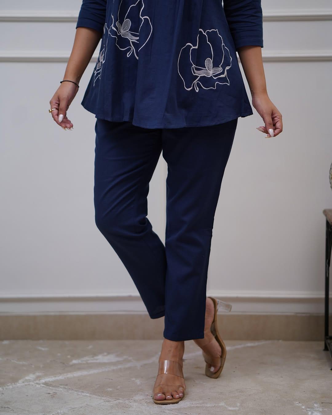 Navy Blue Floral Embrodery Pleated Kurta Set