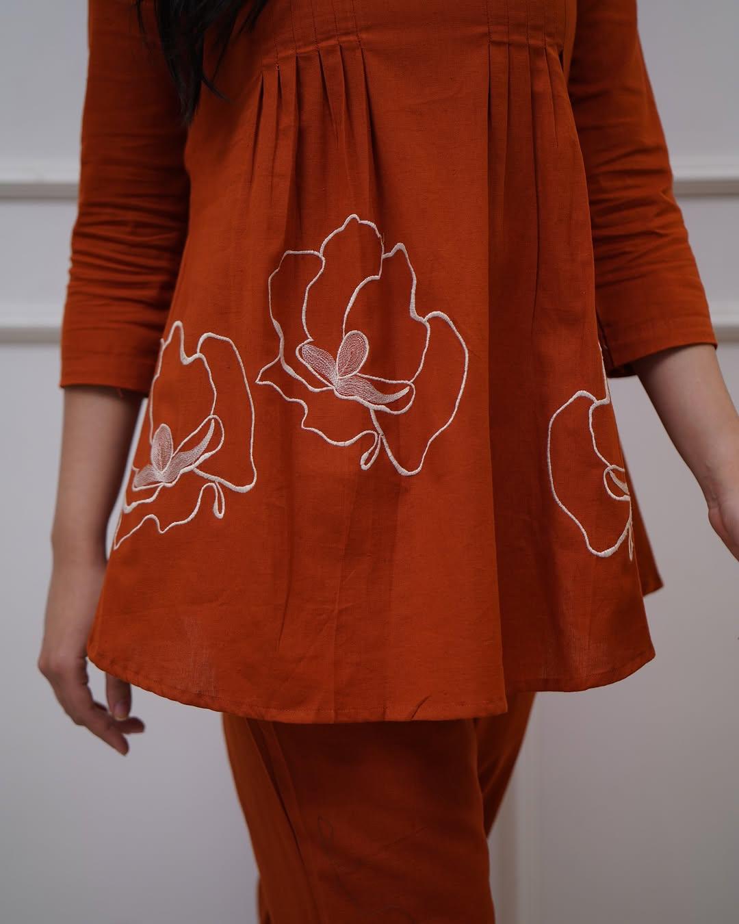 Rust Orange Floral Embrodery Pleated Kurta Set