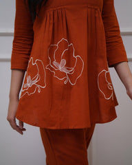 Rust Orange Floral Embrodery Pleated Kurta Set