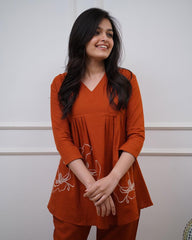 Rust Orange Floral Embrodery Pleated Kurta Set