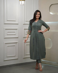 Olive Green Cotton Embroidery Kurta Set