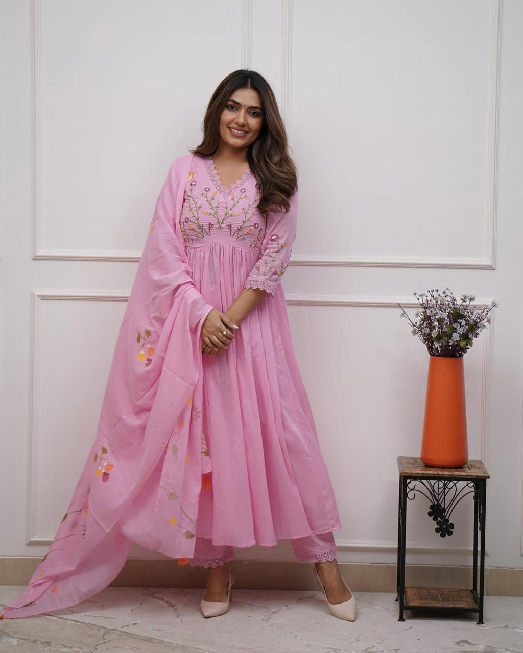 Baby Pink Floral Cotton Embroidered Anarkali Suit Set with Dupatta