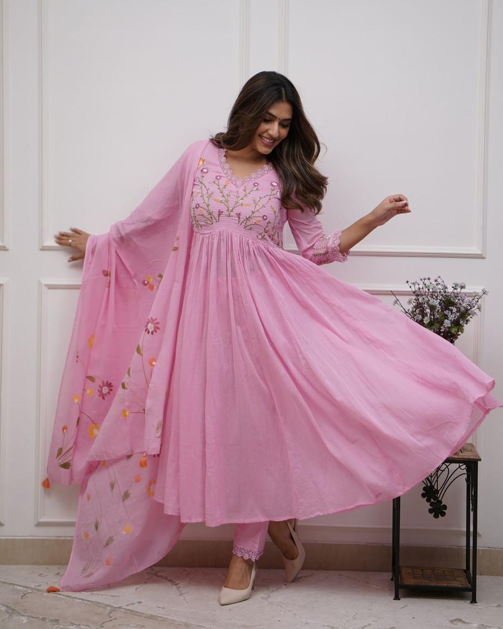Baby Pink Floral Cotton Embroidered Anarkali Suit Set with Dupatta
