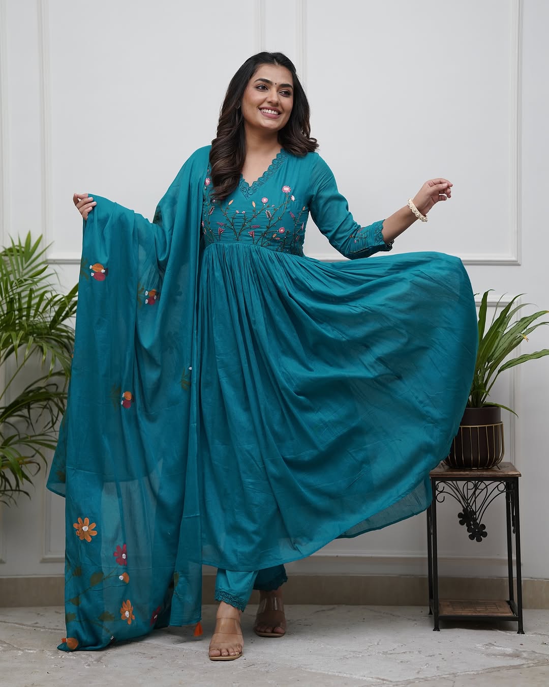 Teal Blue Floral Embroidered Anarkali Suit Set with Dupatta