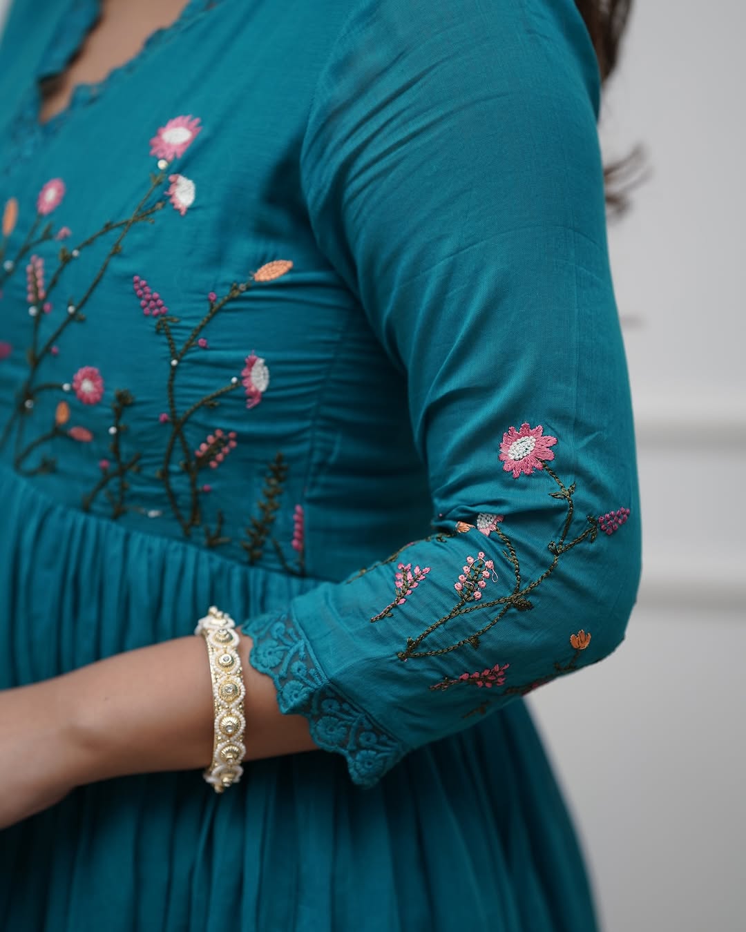 Teal Blue Floral Embroidered Anarkali Suit Set with Dupatta