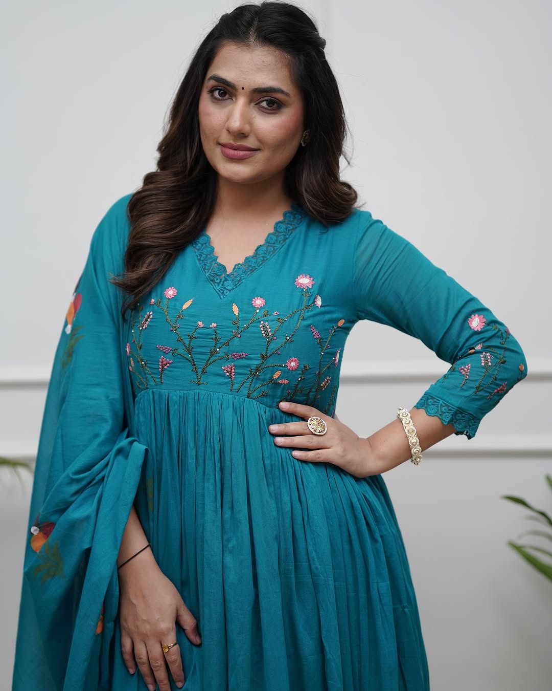 Teal Blue Floral Embroidered Anarkali Suit Set with Dupatta