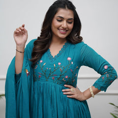 Teal Blue Floral Embroidered Anarkali Suit Set with Dupatta