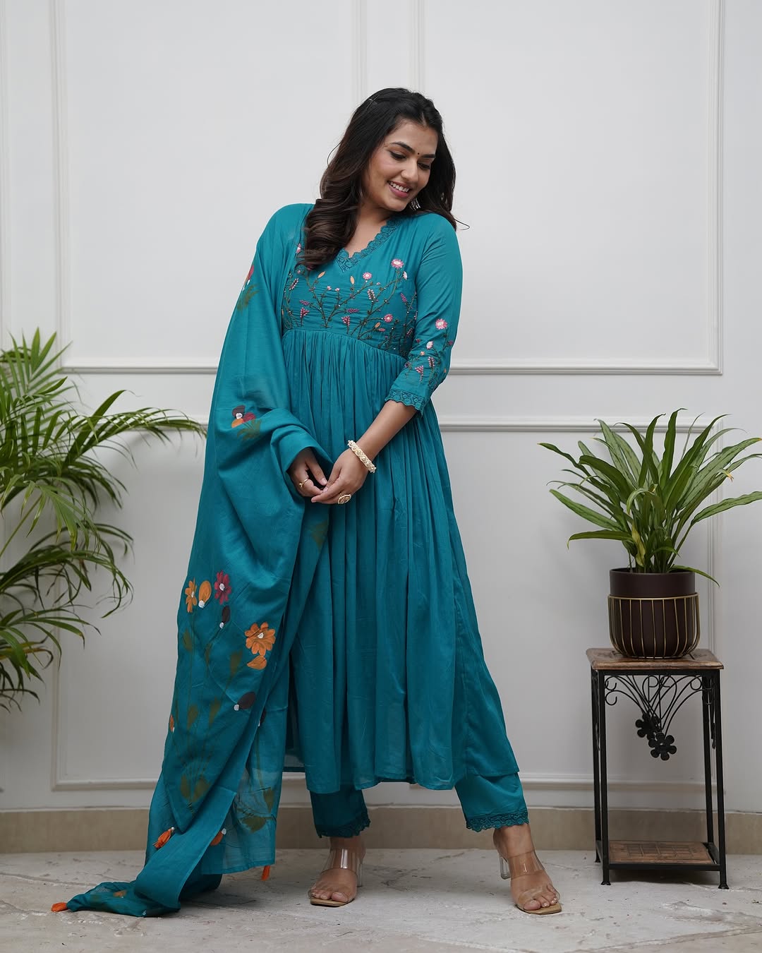 Teal Blue Floral Embroidered Anarkali Suit Set with Dupatta