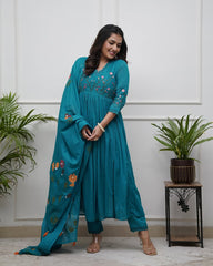 Teal Blue Floral Embroidered Anarkali Suit Set with Dupatta