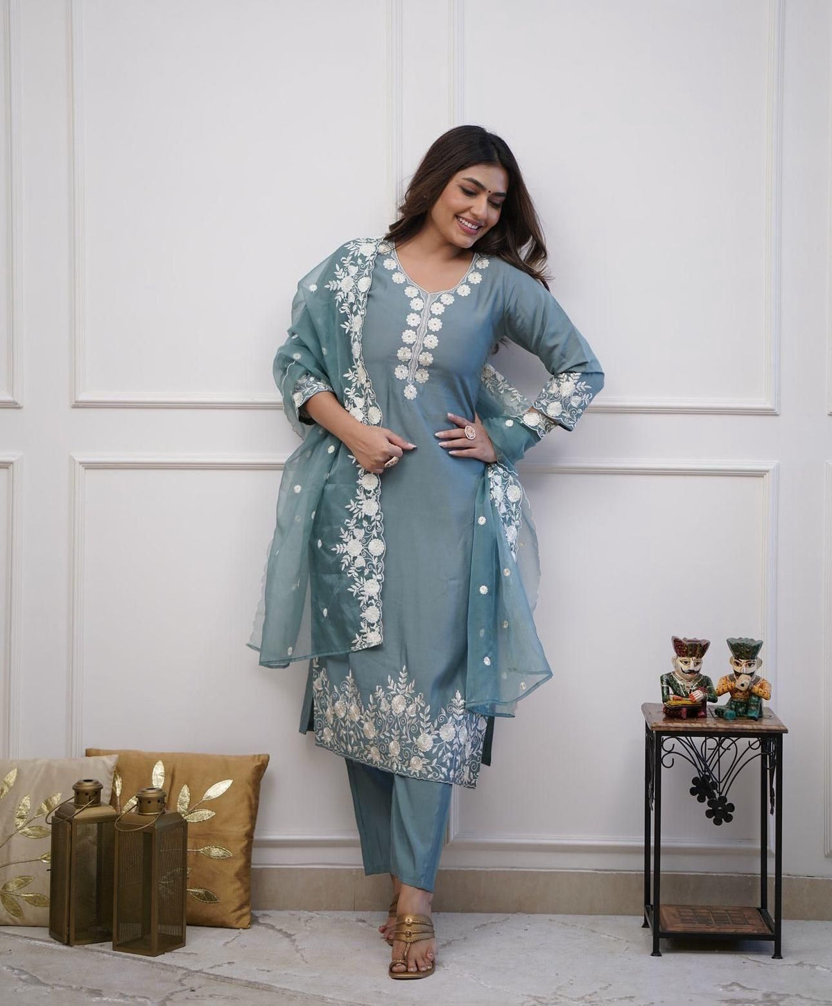 Dusty Blue Roman silk Embroidery Kurta With Organza dupatta Set