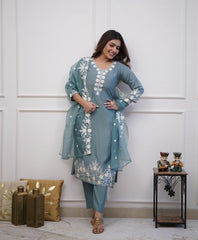 Dusty Blue Roman silk Embroidery Kurta With Organza dupatta Set