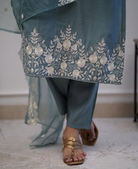 Dusty Blue Roman silk Embroidery Kurta With Organza dupatta Set