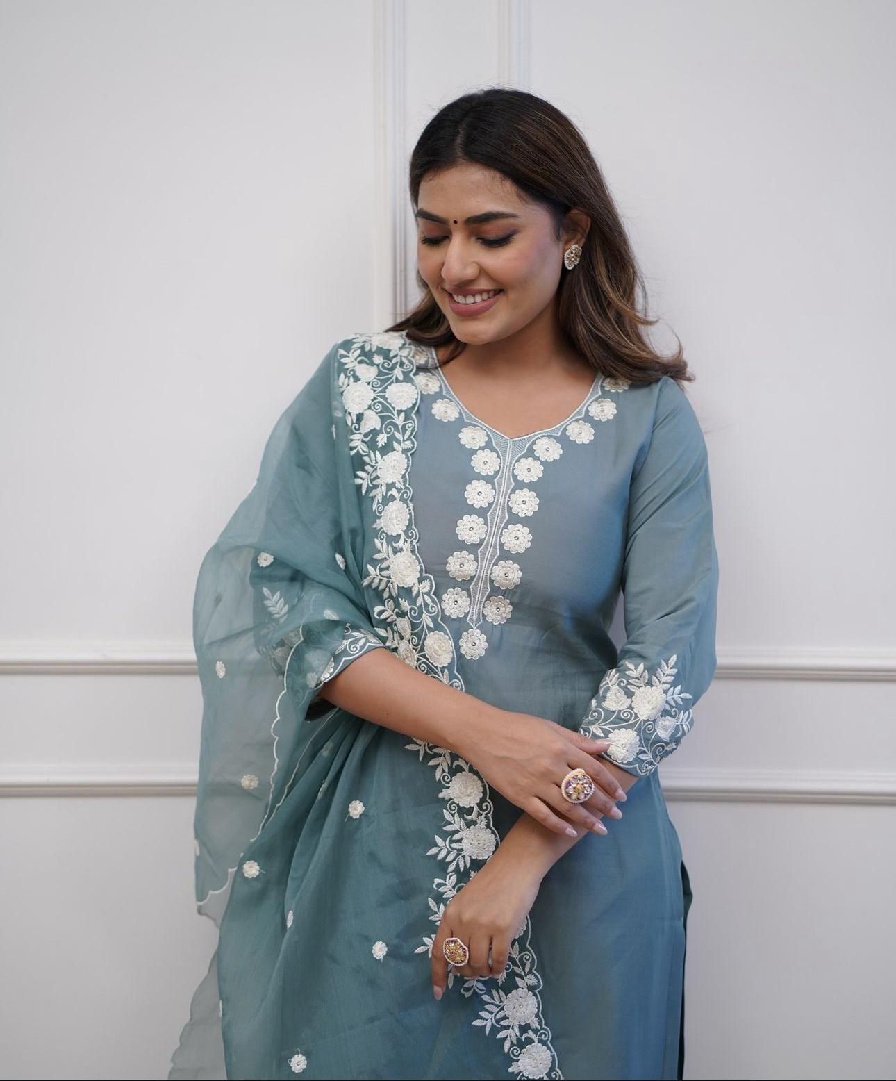 Dusty Blue Roman silk Embroidery Kurta With Organza dupatta Set